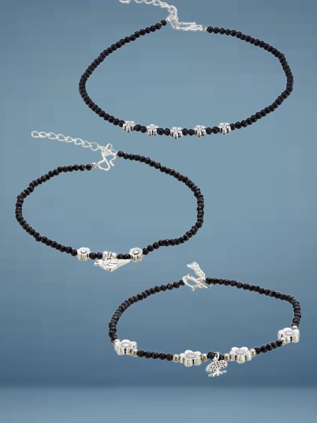 ATIBELLE Set Of 3 Silver-Plated Artificial Stones Studded And Beaded Anklet - Image 1
