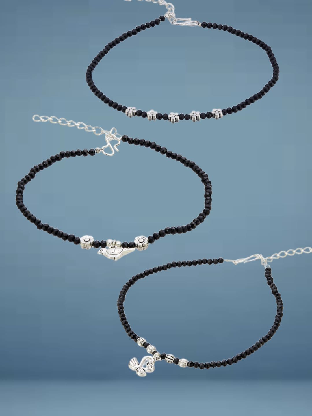 ATIBELLE Set Of 3 Silver-Plated Artificial Stones Studded And Beaded Anklet - Image 1