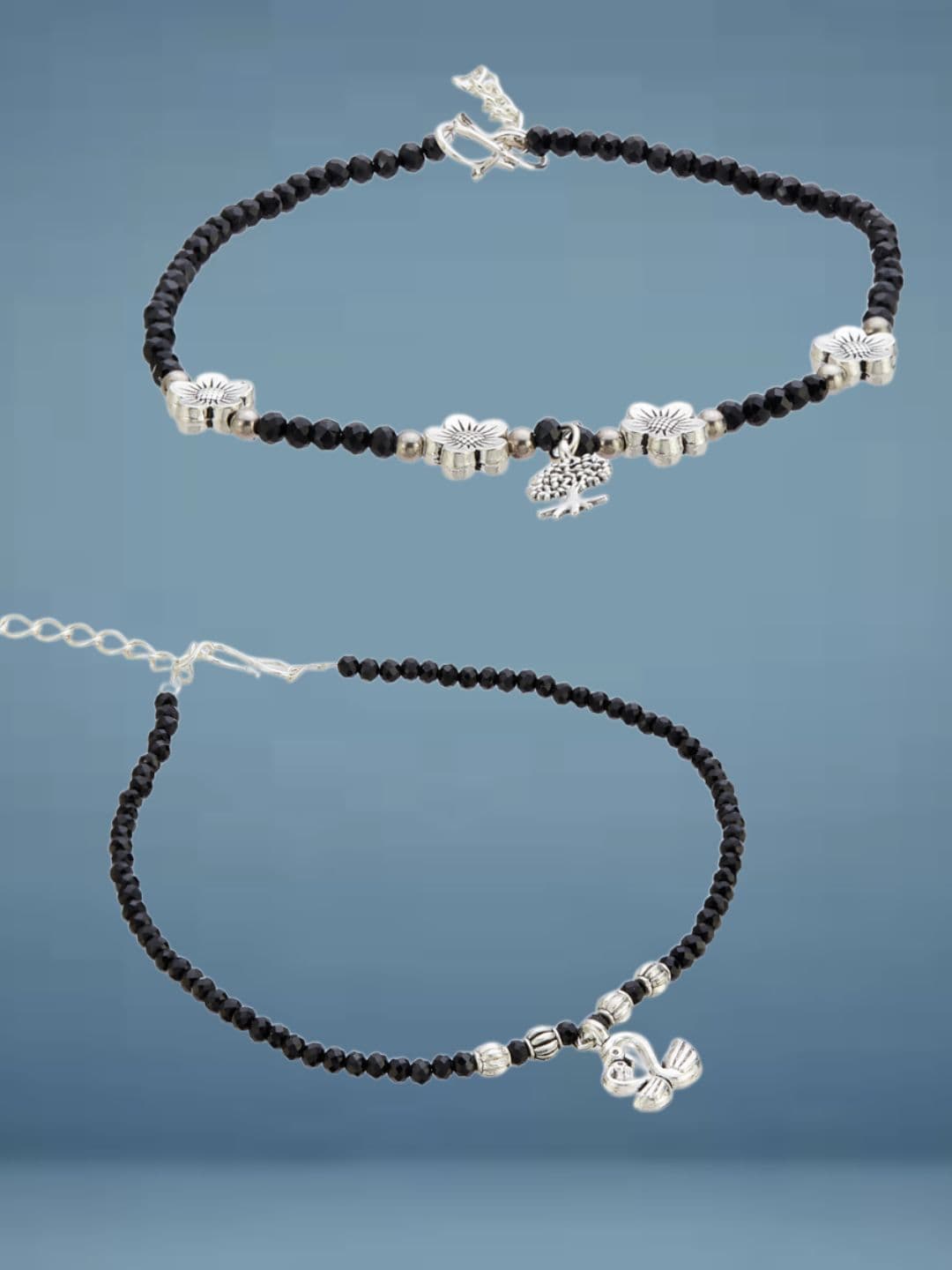 ATIBELLE Set Of 2 Silver-Plated Artificial Stones Studded And Beaded Anklet - Image 1