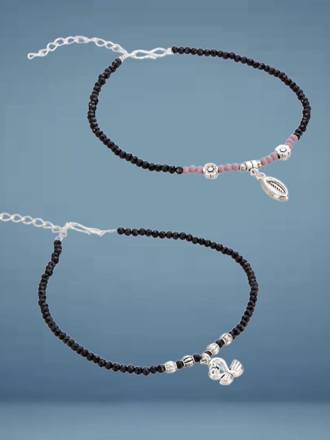 ATIBELLE Set Of 2 Silver-Plated Artificial Beaded Anklet - Image 1
