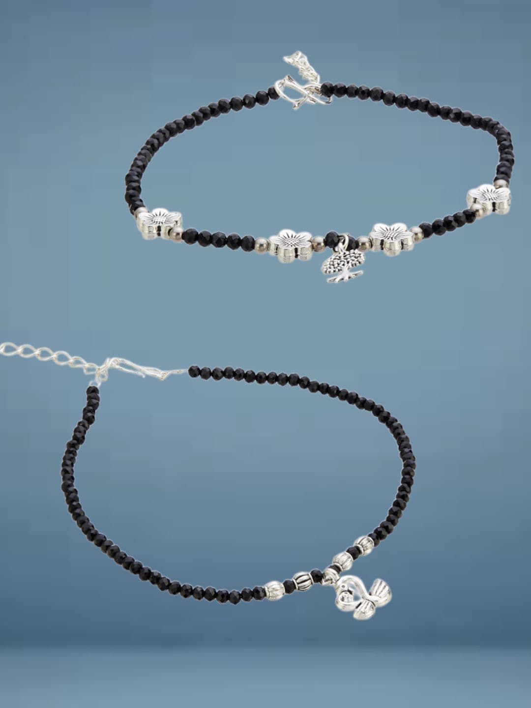 ATIBELLE Set Of 2 Silver-Plated Artificial Beaded Anklet - Image 1