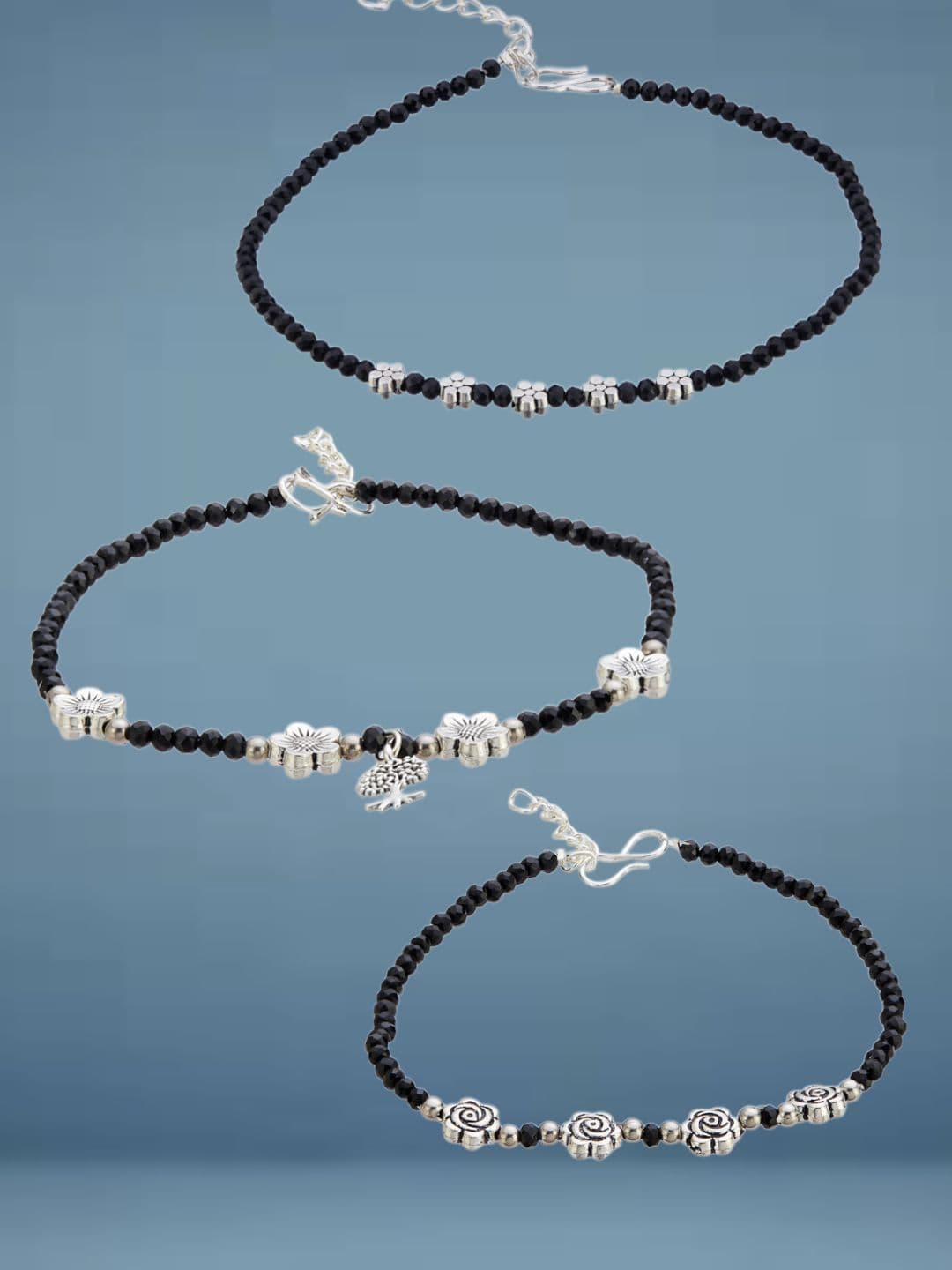 ATIBELLE Set Of 3 Silver-Plated Artificial Beaded Anklet - Image 1