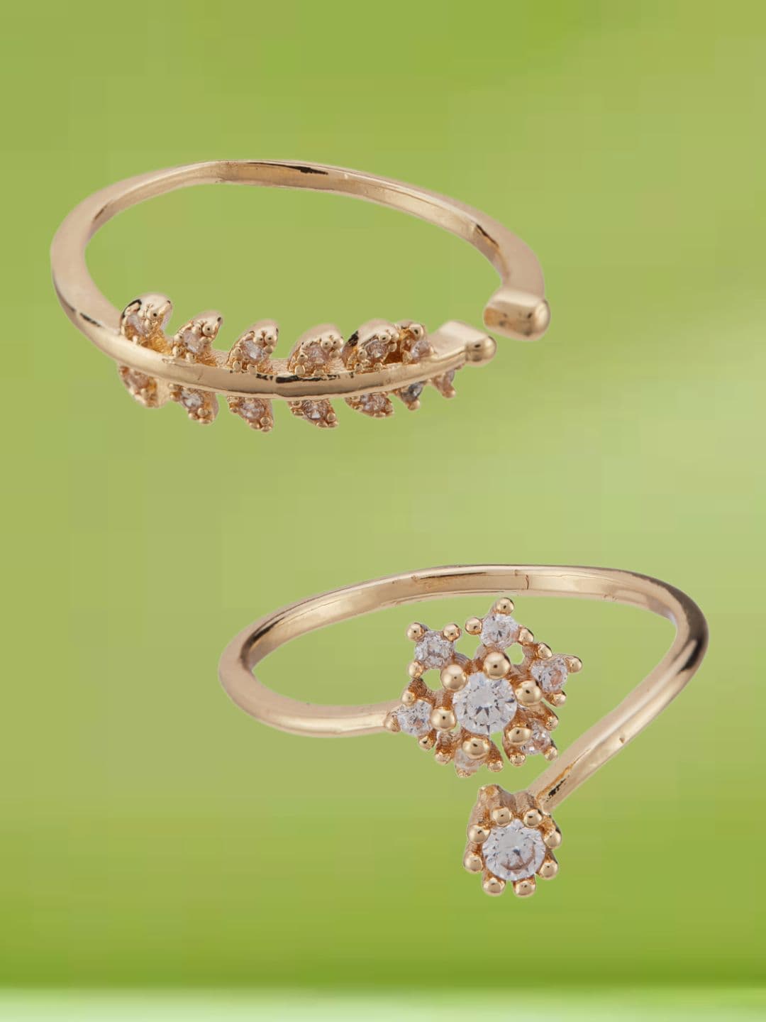 ATIBELLE Set Of 2 Gold-Plated Cubic Zirconia-Studded Adjustable Finger Rings