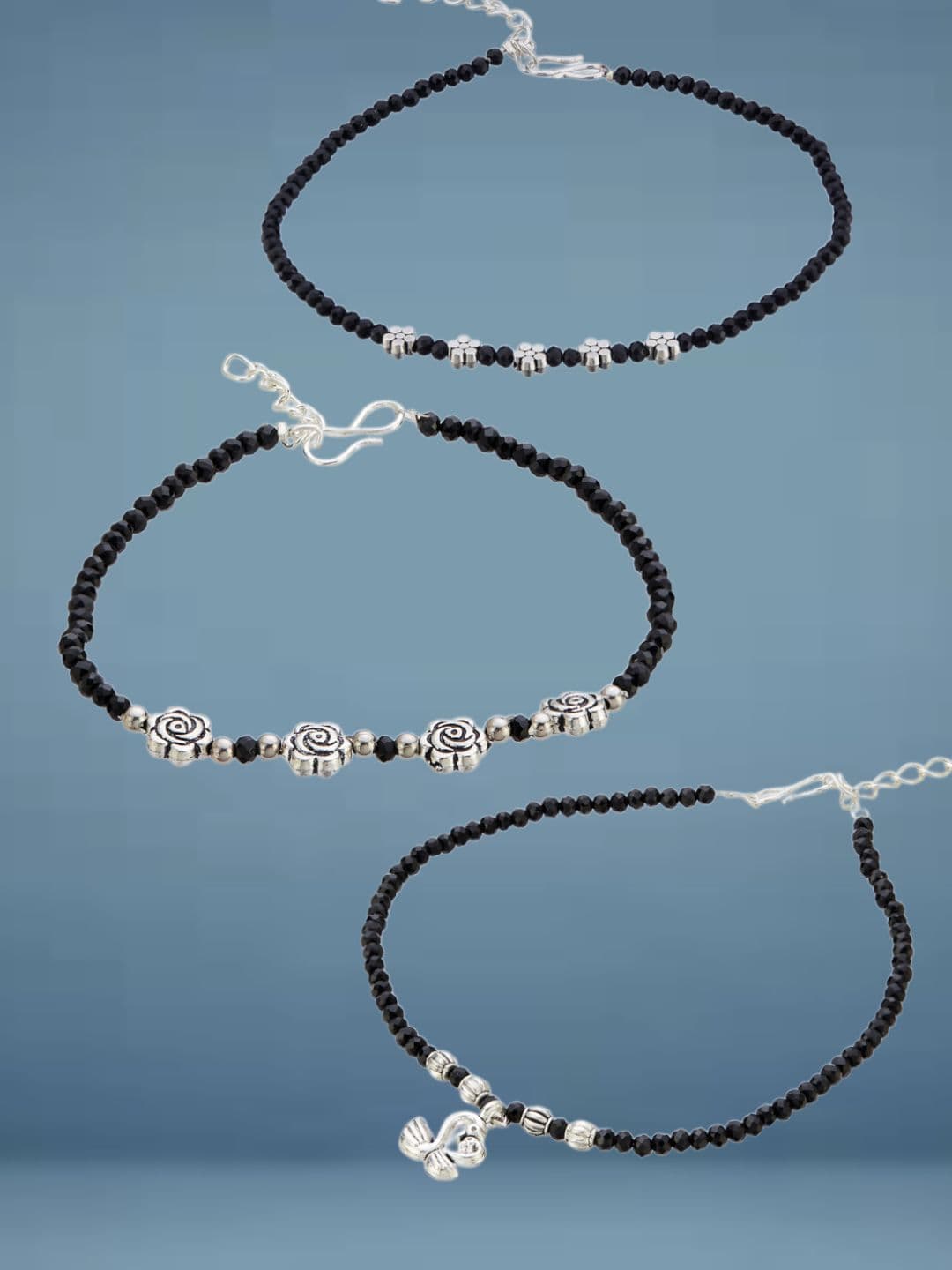ATIBELLE Set Of 3 Silver-Plated Artificial Stones Studded And Beaded Anklet - Image 1