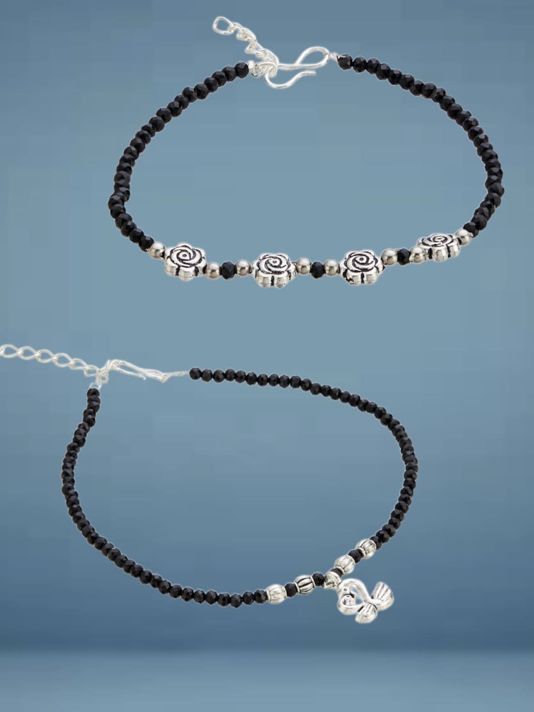 ATIBELLE Set Of 2 Silver-Plated Artificial Beads Anklet - Image 1
