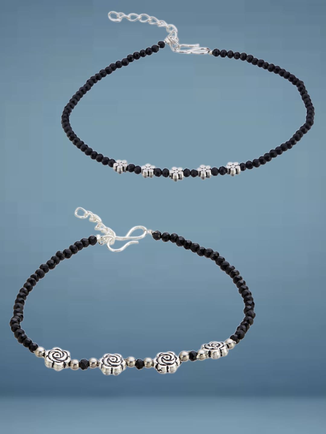 ATIBELLE Set Of 2 Silver-Plated Artificial Beaded Anklet - Image 1