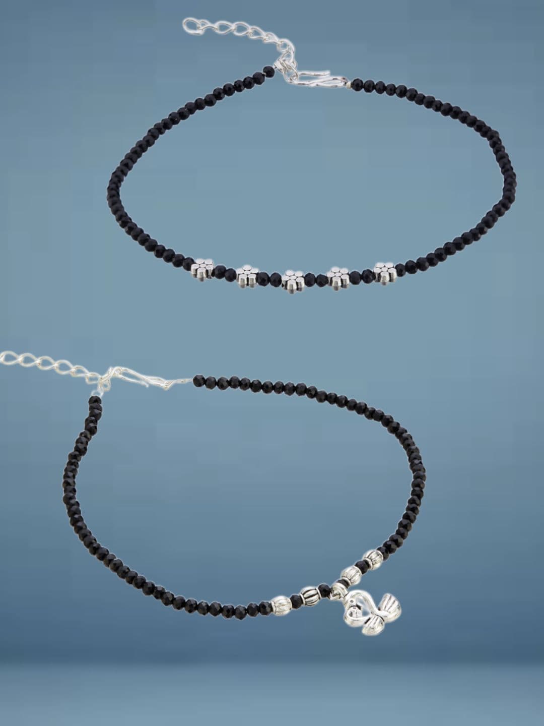 ATIBELLE Set Of 2 Silver-Plated Artificial Beaded Anklet - Image 1