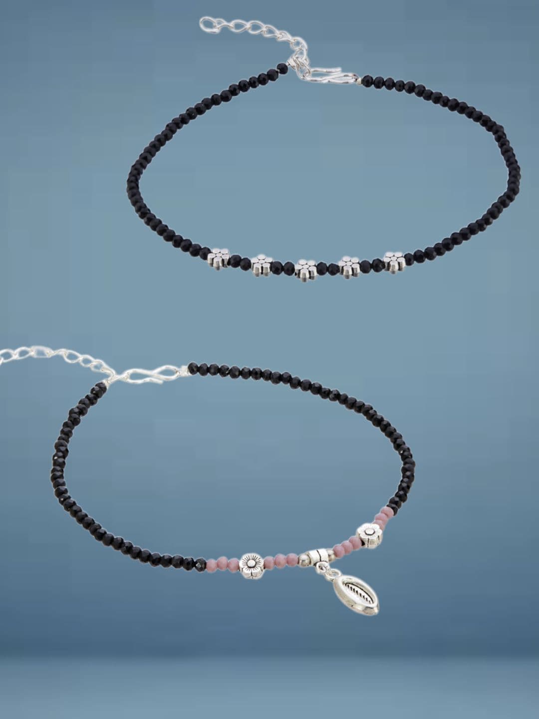 ATIBELLE Set Of 2 Silver-Plated Artificial Stones Studded And Beaded Anklet - Image 1