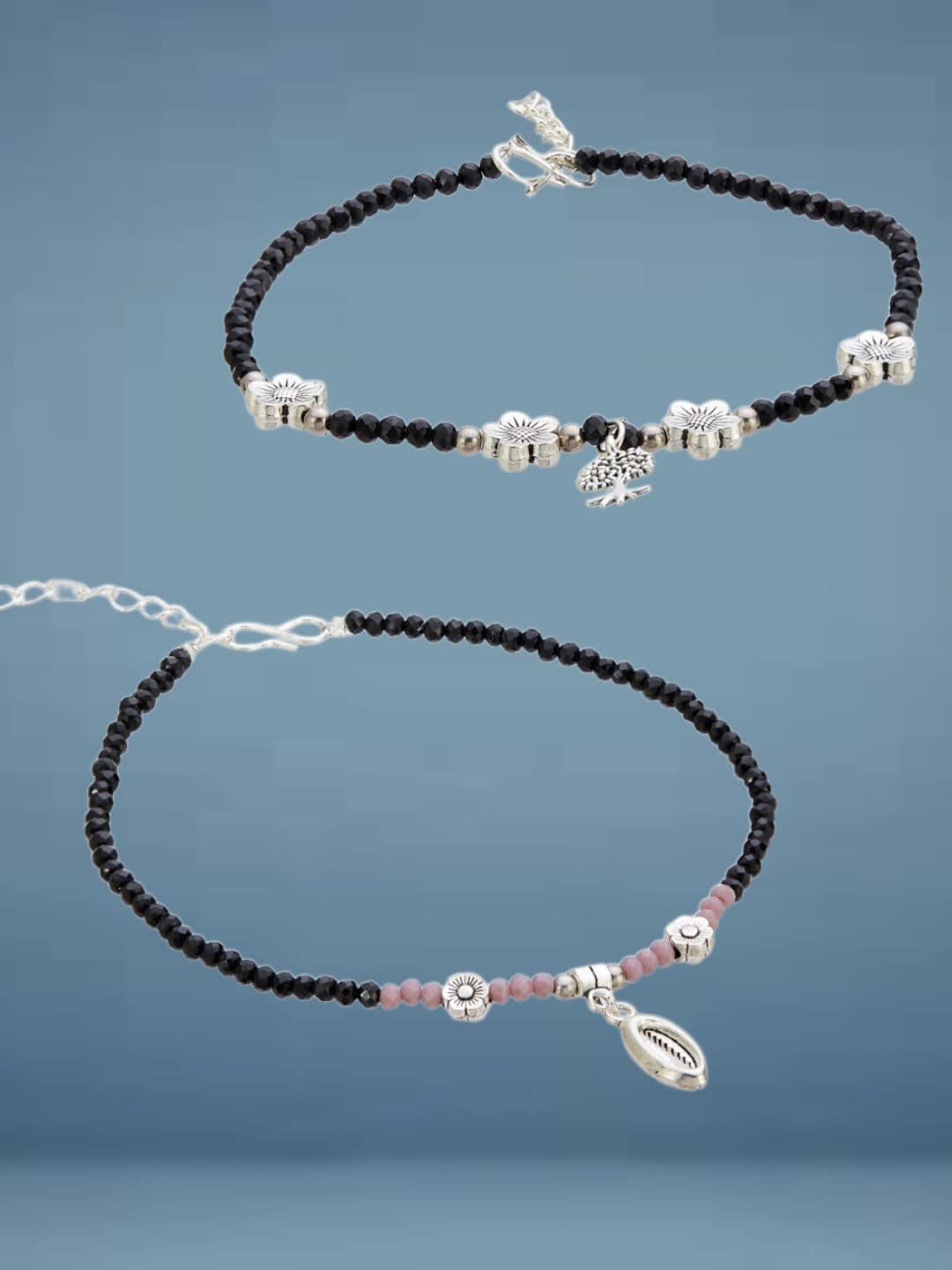 ATIBELLE Set Of 2 Silver-Plated Artificial Beaded Anklet - Image 1