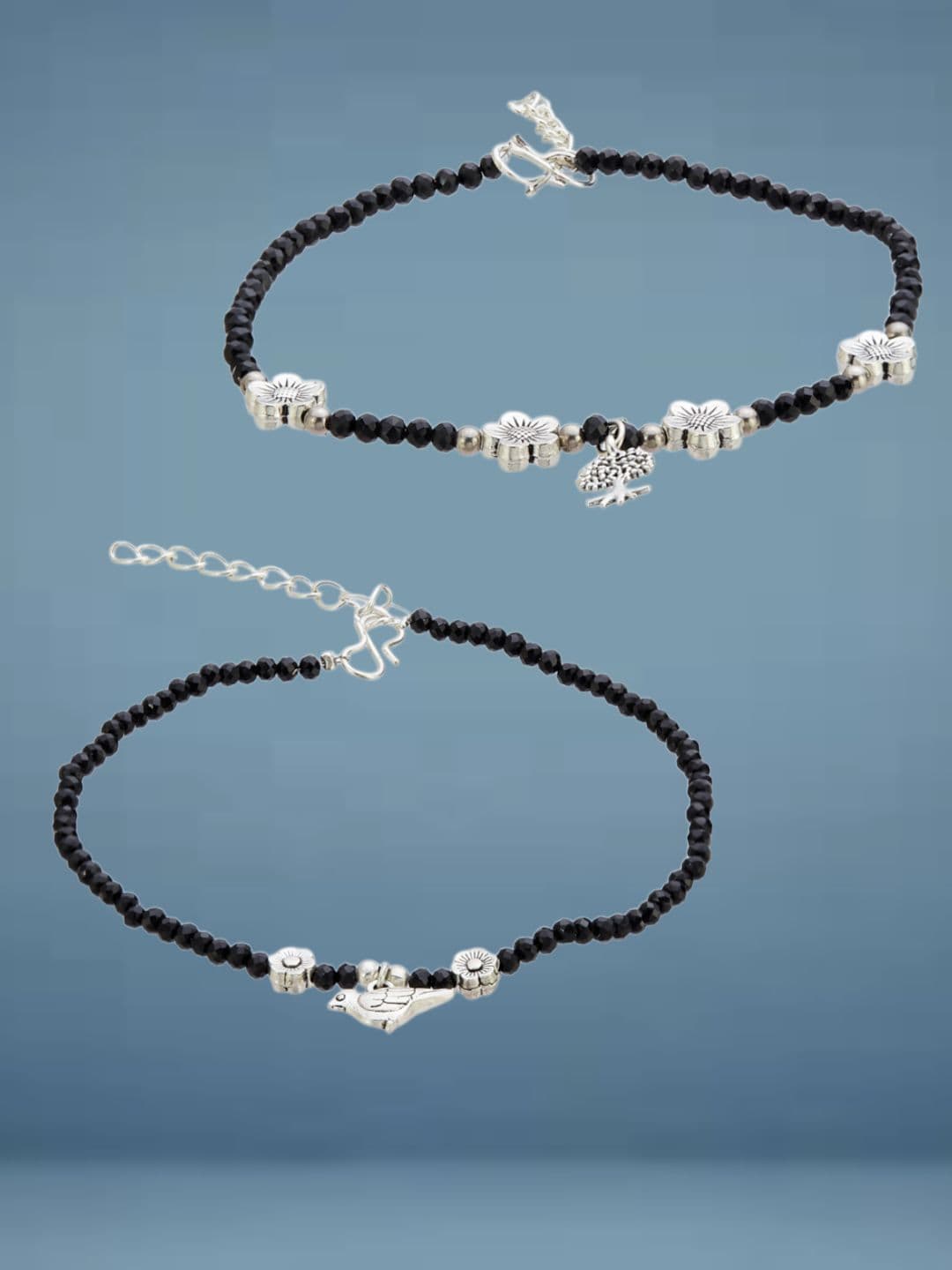 ATIBELLE Set Of 2 Silver-Plated Artificial Stones Studded And Beaded Anklet - Image 1