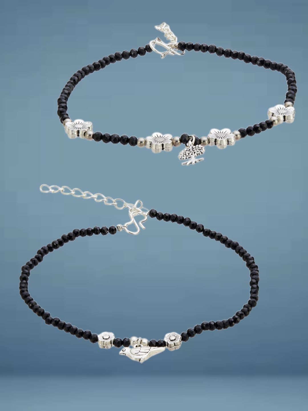 ATIBELLE Set Of 2 Silver-Plated Artificial Beads Anklets - Image 1