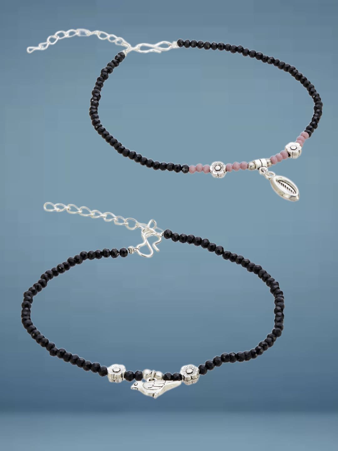 ATIBELLE Set Of 2 Silver-Plated Artificial Beaded Anklet - Image 1