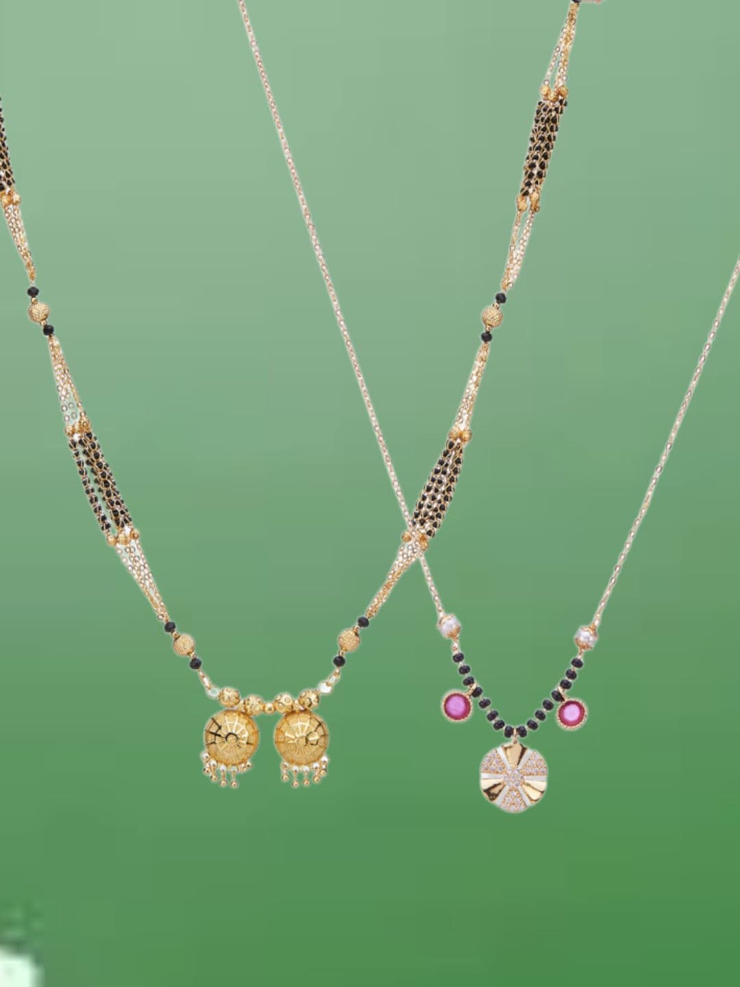ATIBELLE Set of 2 Gold-Plated Cubic Zirconia Stones Studded and Beaded Mangalsutras