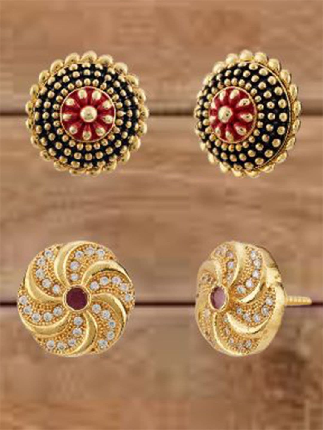 ATIBELLE Set Of 2 Gold-Plated Cubic Zirconia Studded Floral Shaped Studs - Image 1
