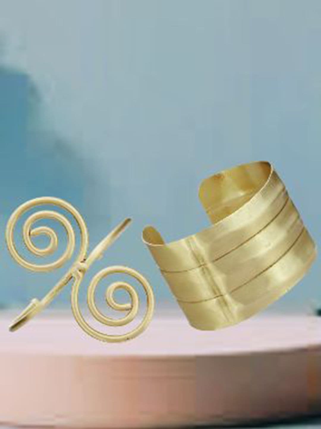 ATIBELLE Set Of 2 Gold Plated & Wavy-Shaped Textured Contemporary Bracelets - Image 1