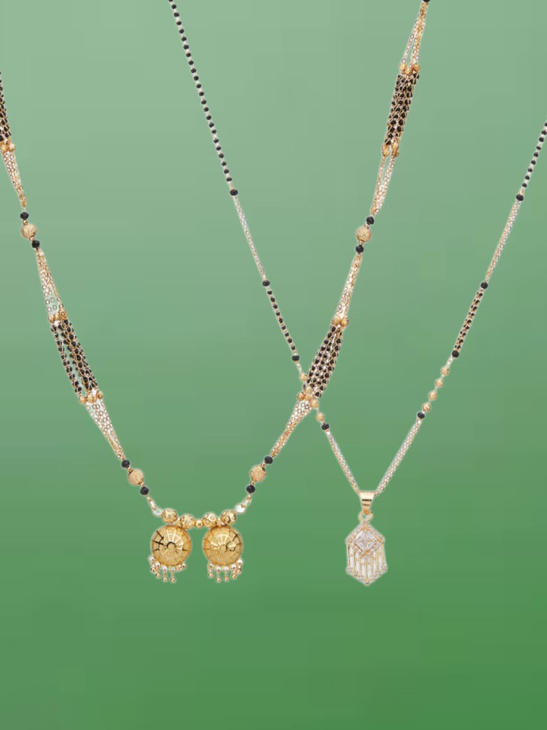 ATIBELLE Set of 2 Gold-Plated Cubic Zirconia Stones Studded and Beaded Mangalsutras