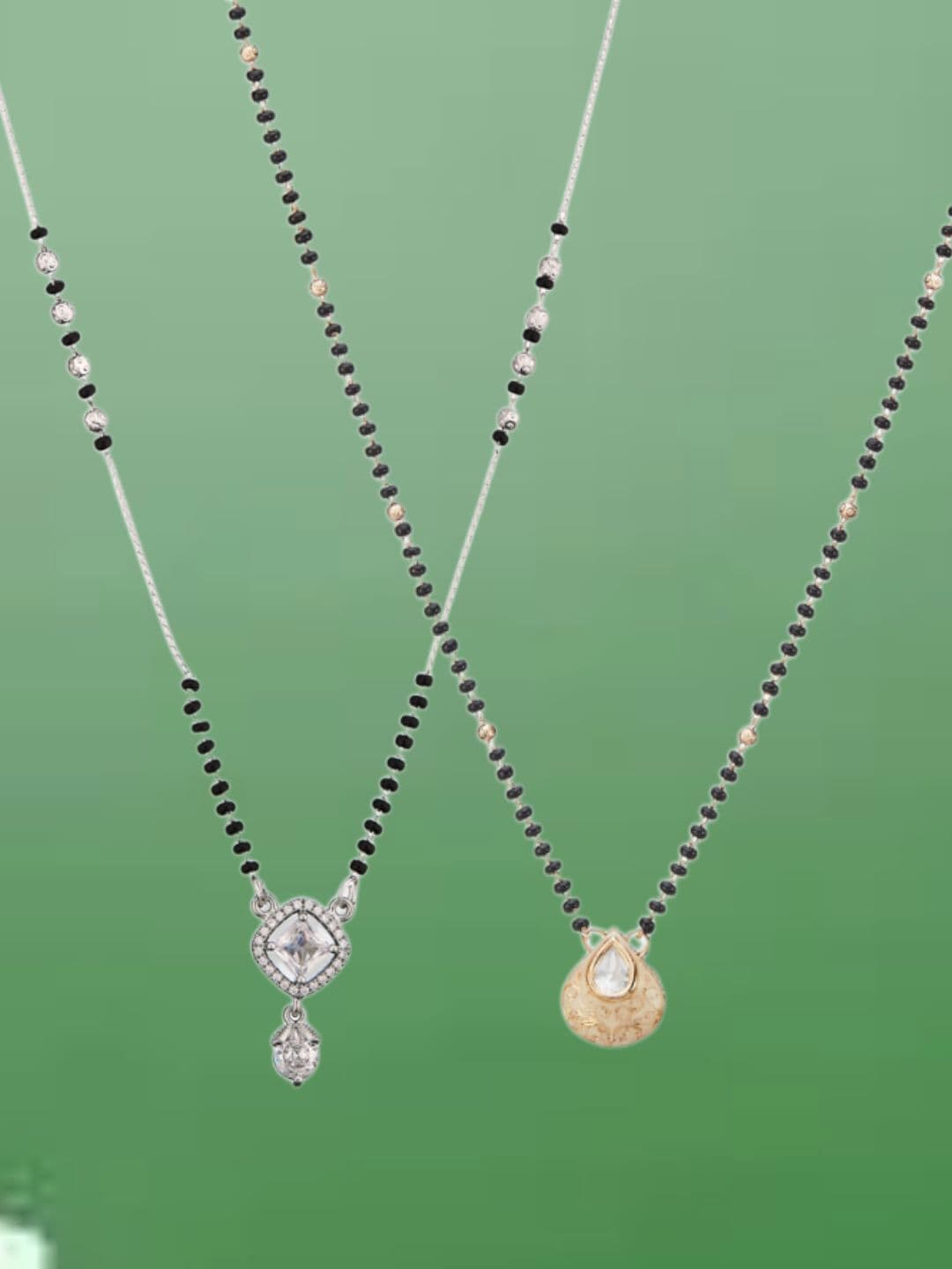 ATIBELLE Set of 2 Silver-Plated Cubic Zirconia Stones Studded and Beaded Mangalsutras