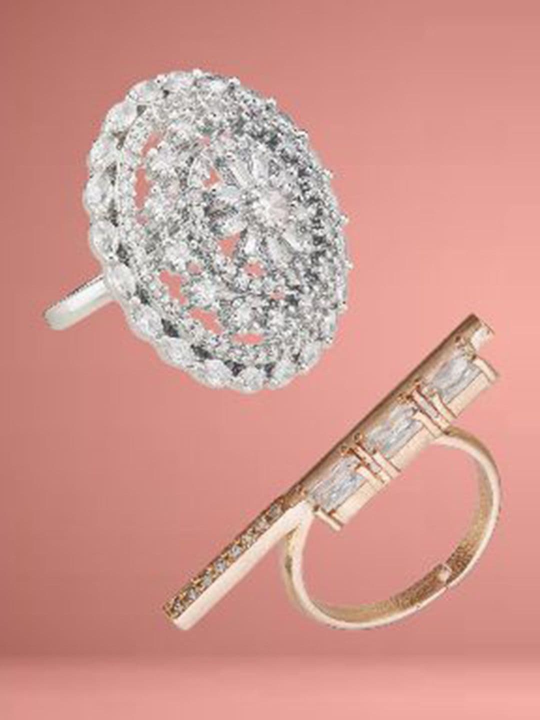 ATIBELLE Set Of 2 Silver-Plated & Rose Gold-Plated Cubic Zirconia Studded Adjustable Ring