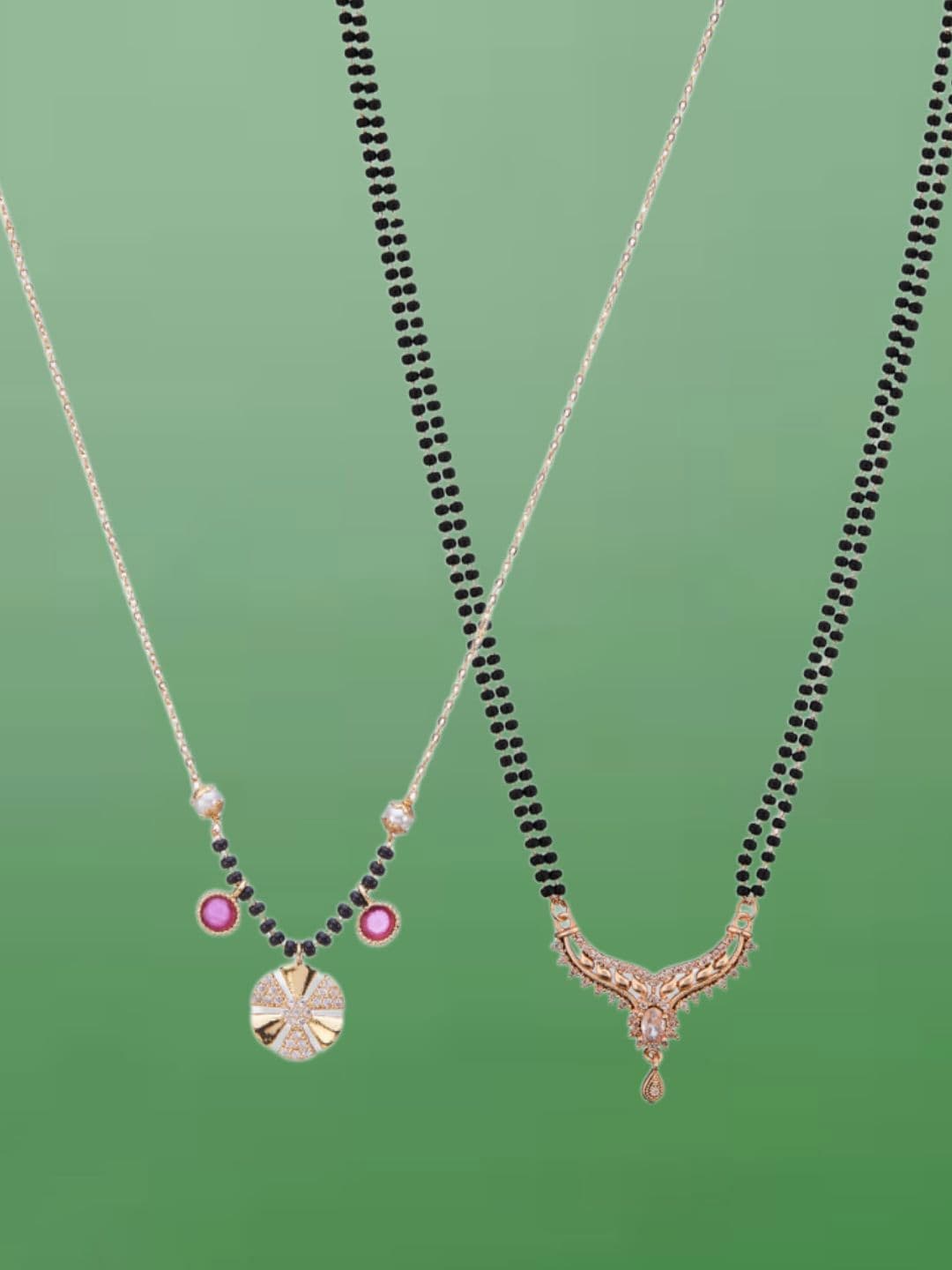 ATIBELLE Set of 2 Gold-Plated Cubic Zirconia Stones Studded and Beaded Mangalsutras