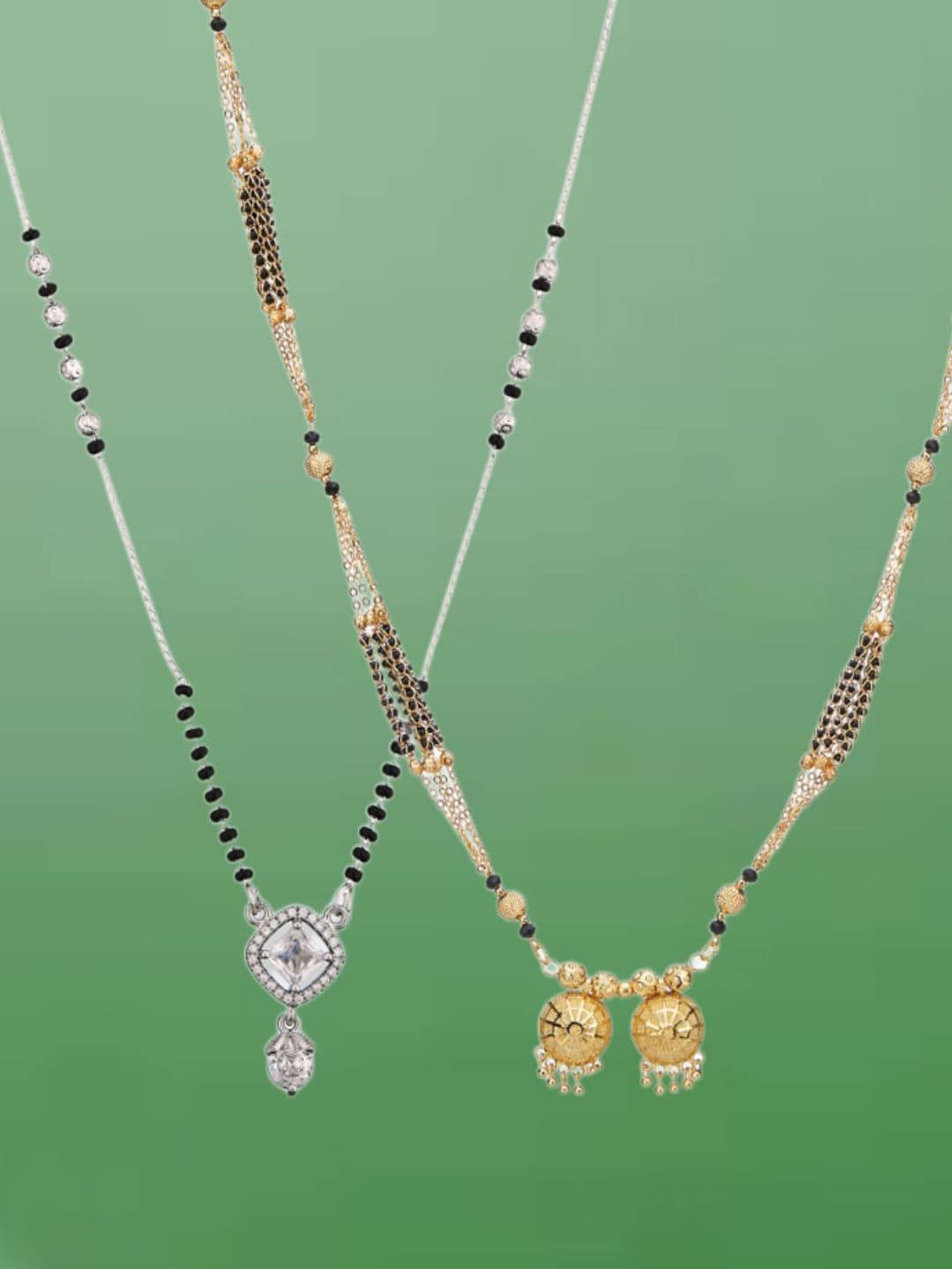 ATIBELLE Set of 2 Silver-Plated Cubic Zirconia Stones Studded and Beaded Mangalsutras