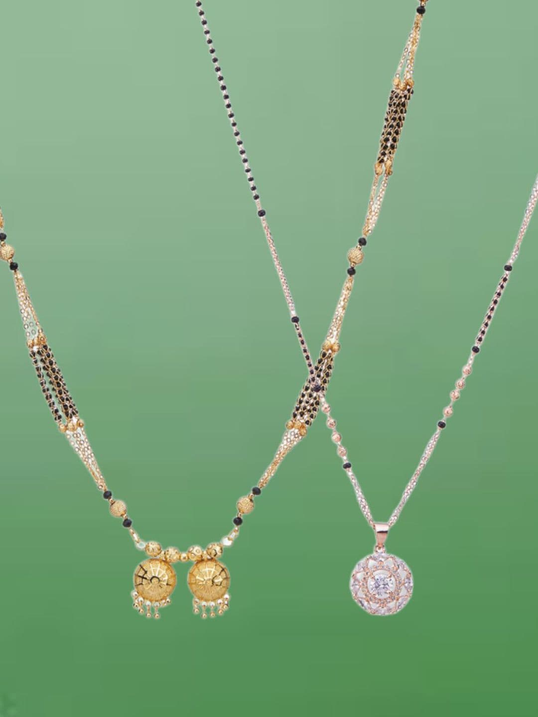 ATIBELLE Set of 2 Gold-Plated Cubic Zirconia Stones Studded and Beaded Mangalsutras