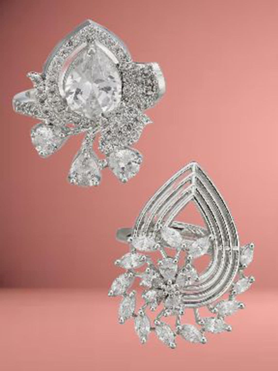 ATIBELLE Set Of 2 Silver-Plated Cubic Zirconia Stone Studded Adjustable Finger Ring