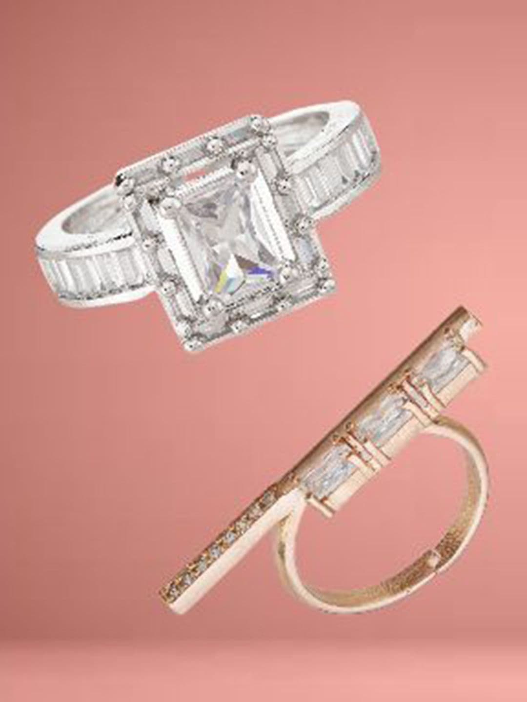 ATIBELLE Set Of 2 Silver-Plated & Rose Gold-Plated Cubic Zirconia Studded Adjustable Ring