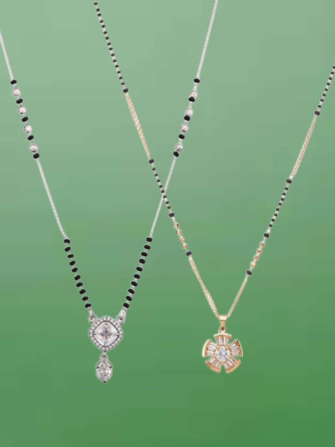 ATIBELLE Set of 2 Silver-Plated Cubic Zirconia Stones Studded and Beaded Mangalsutras