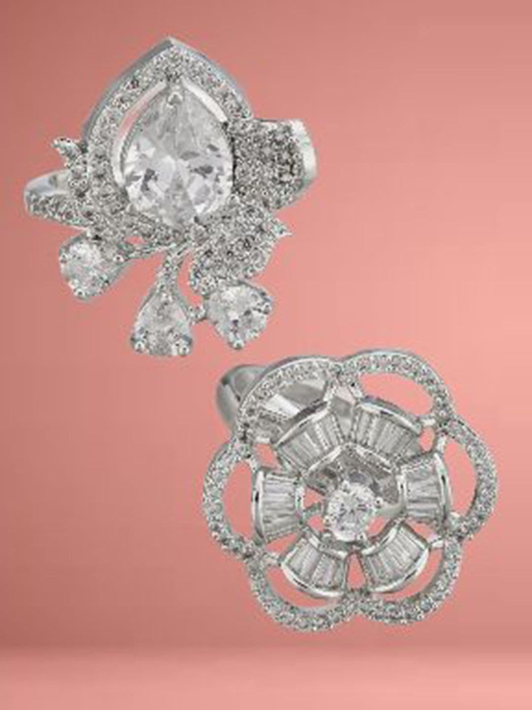 ATIBELLE Set Of 2 Silver-Plated Cubic Zirconia Stone Studded Adjustable Finger Ring