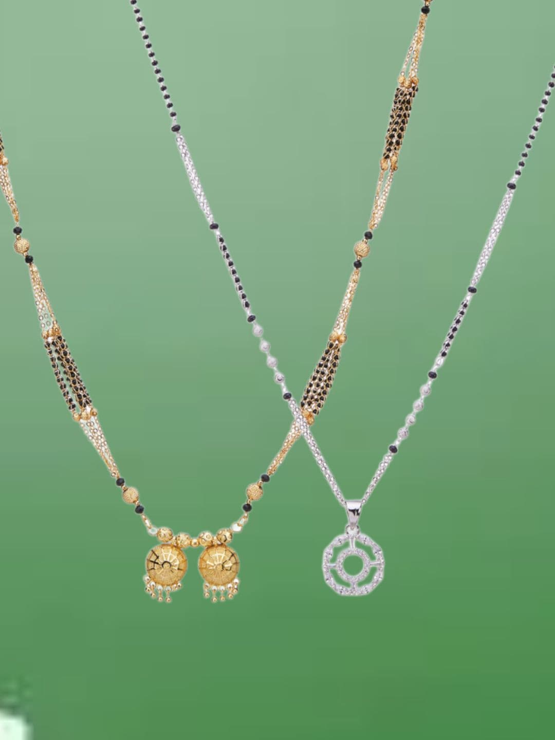 ATIBELLE Set of 2 Gold-Plated Cubic Zirconia Stones Studded and Beaded Mangalsutras