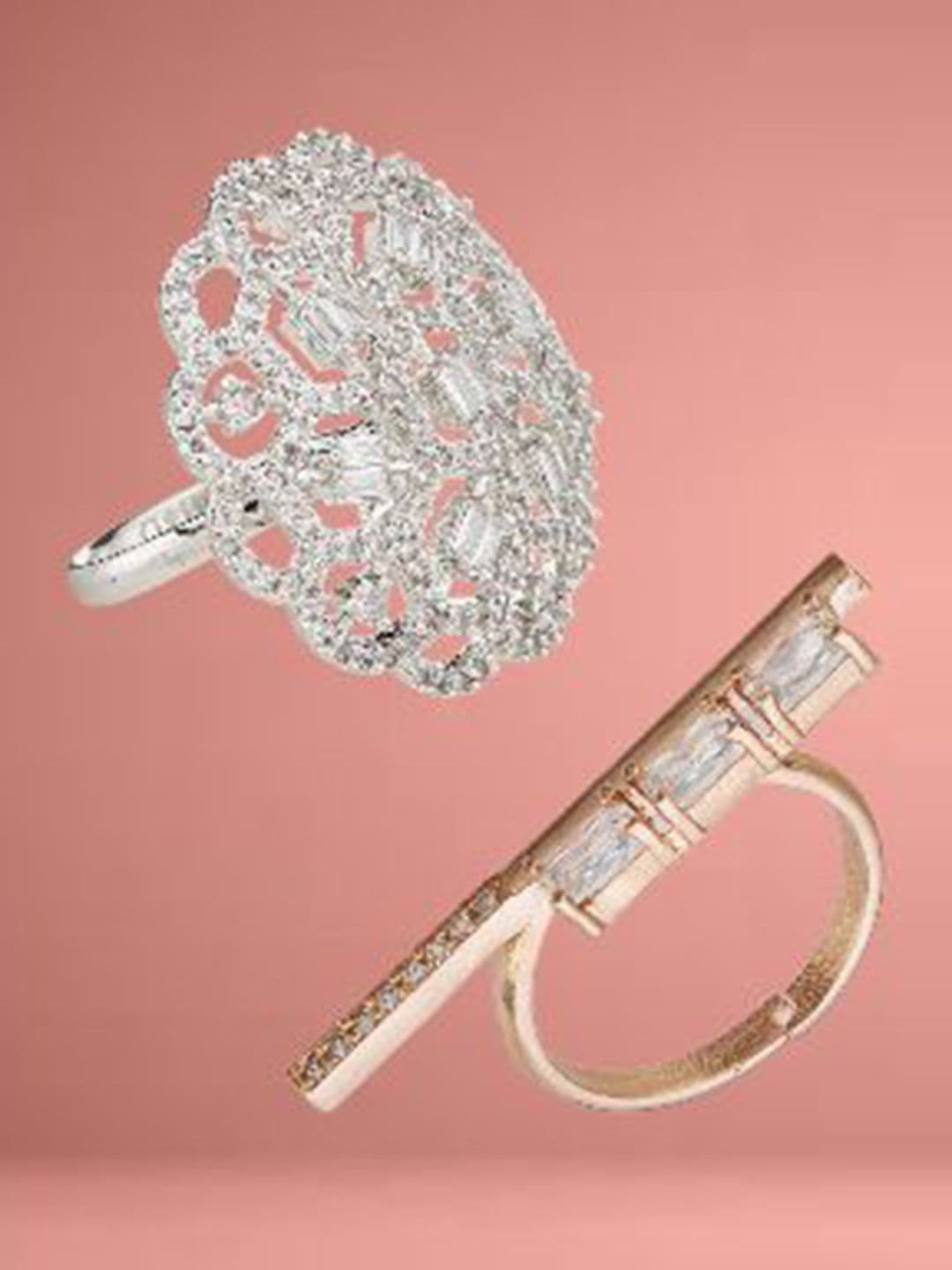 ATIBELLE Set Of 2 Silver-Plated & Rose Gold-Plated Cubic Zirconia Studded Adjustable Ring