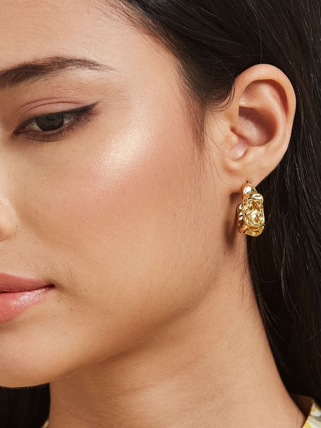 ATIBELLE Set Of 2 Gold-Plated Contemporary Shaped Textured Half Hoop Earrings - Image 1