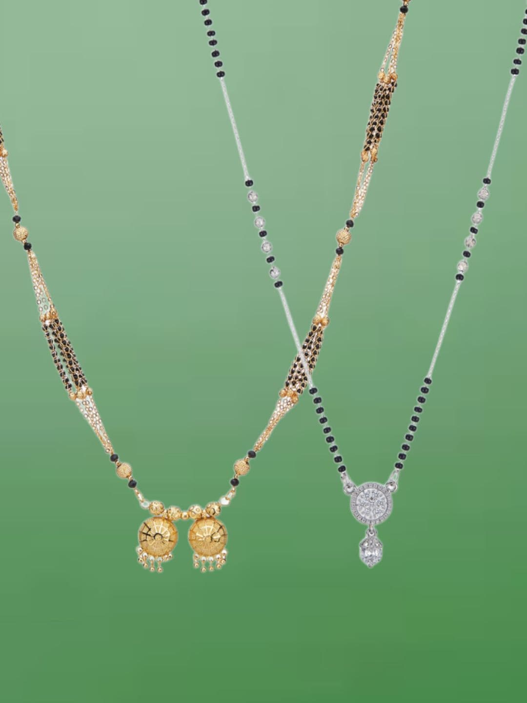ATIBELLE Set of 2 Gold-Plated Cubic Zirconia Stones Studded and Beaded Mangalsutras