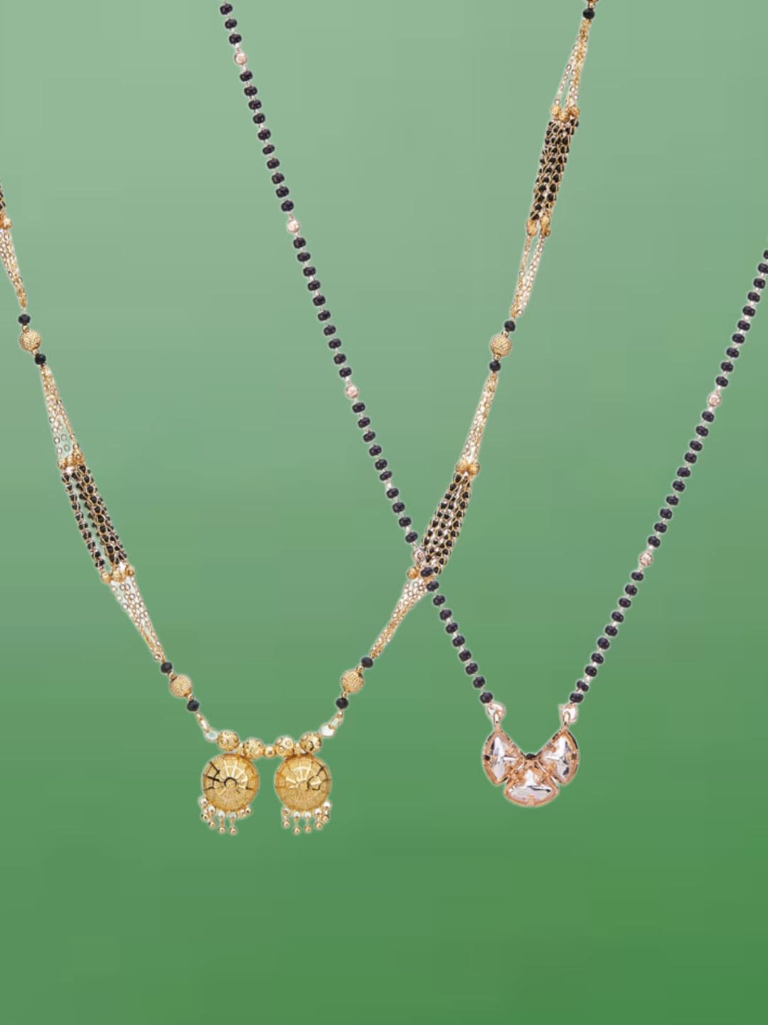 ATIBELLE Set of 2 Gold-Plated Cubic Zirconia Stones Studded and Beaded Mangalsutras