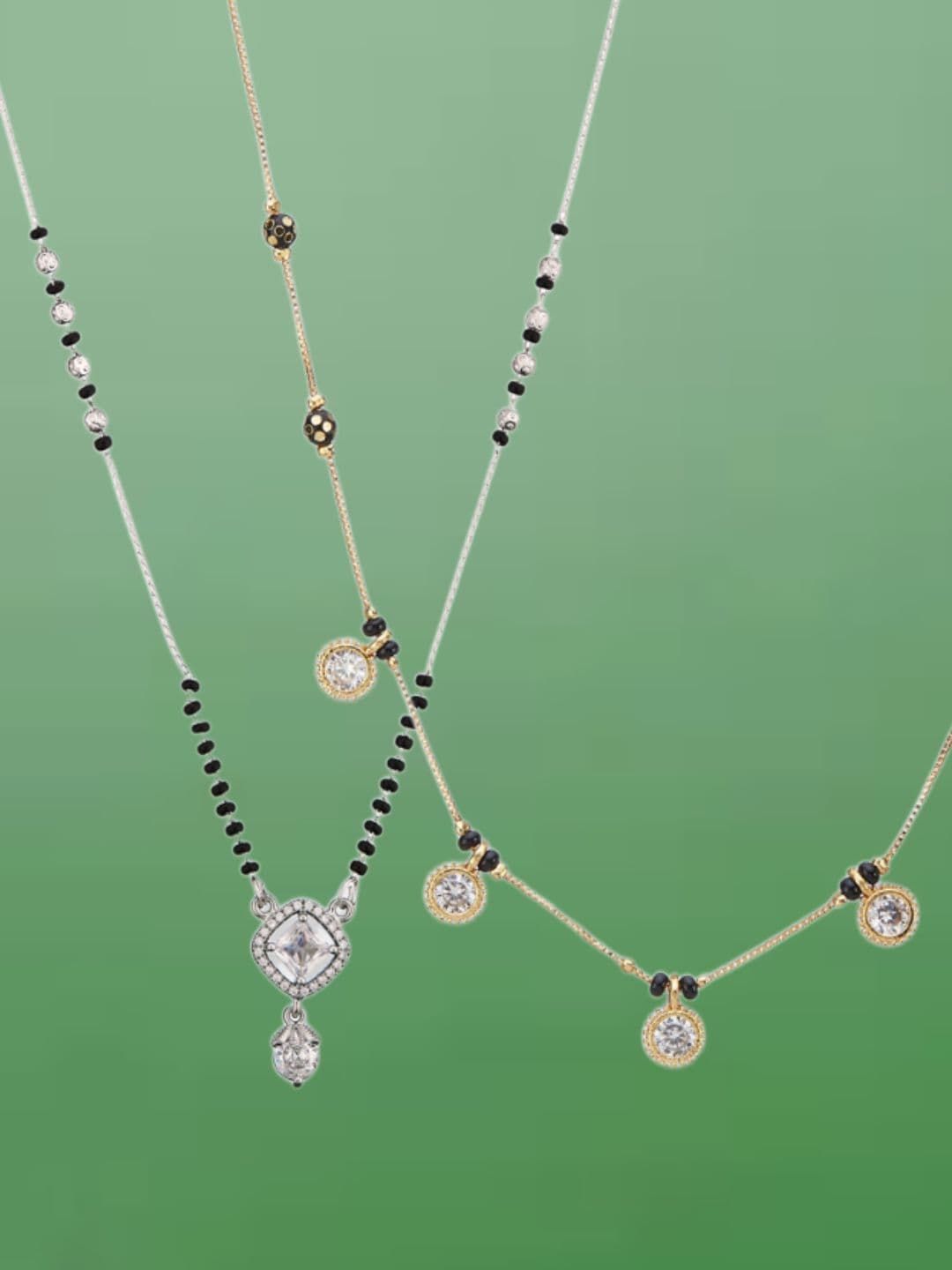 ATIBELLE Set of 2 Silver-Plated Cubic Zirconia Stones Studded and Beaded Mangalsutras