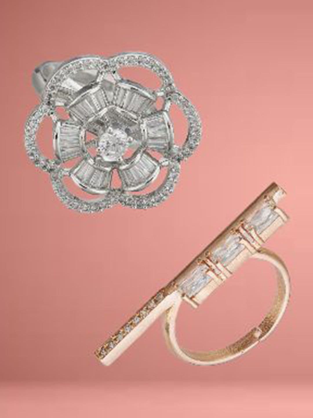 ATIBELLE Set Of 2 Silver-Plated & Rose Gold-Plated Cubic Zirconia Studded Adjustable Ring
