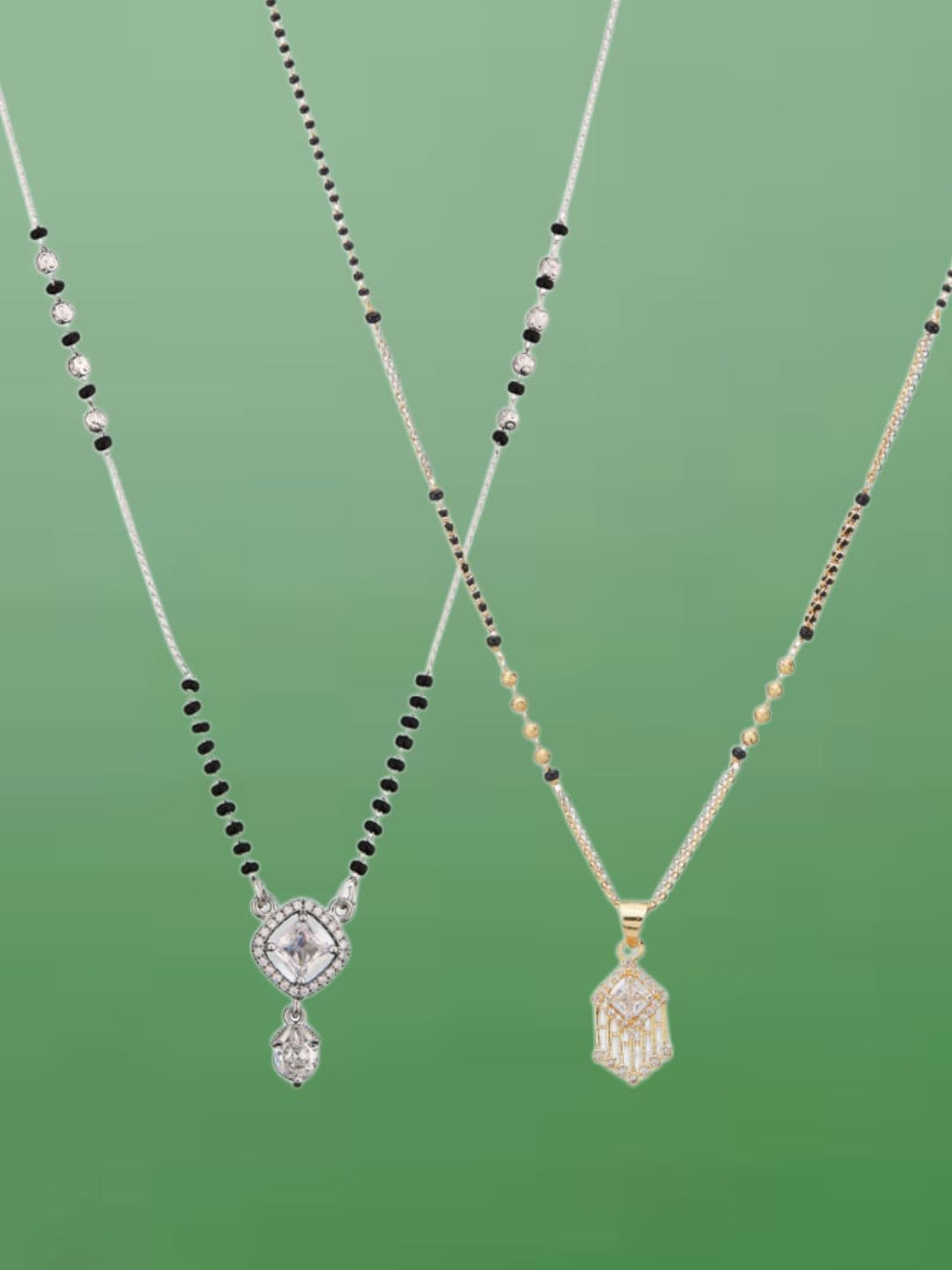 ATIBELLE Set of 2 Silver-Plated Cubic Zirconia Stones Studded and Beaded Mangalsutras
