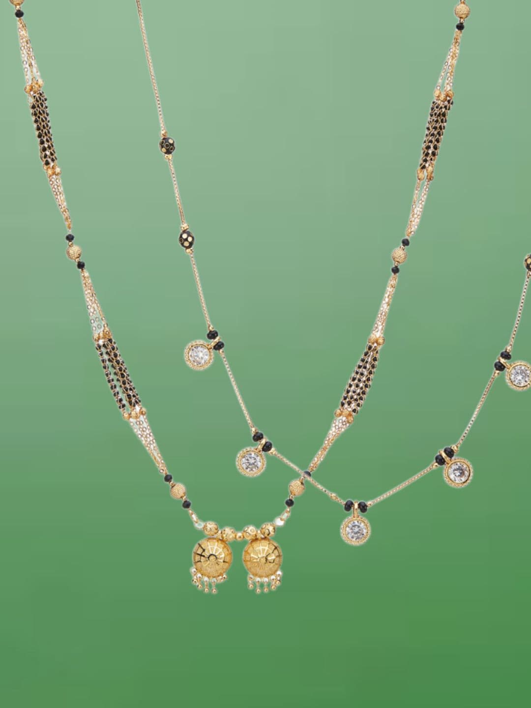ATIBELLE Set of 2 Gold-Plated Cubic Zirconia Stones Studded and Beaded Mangalsutras