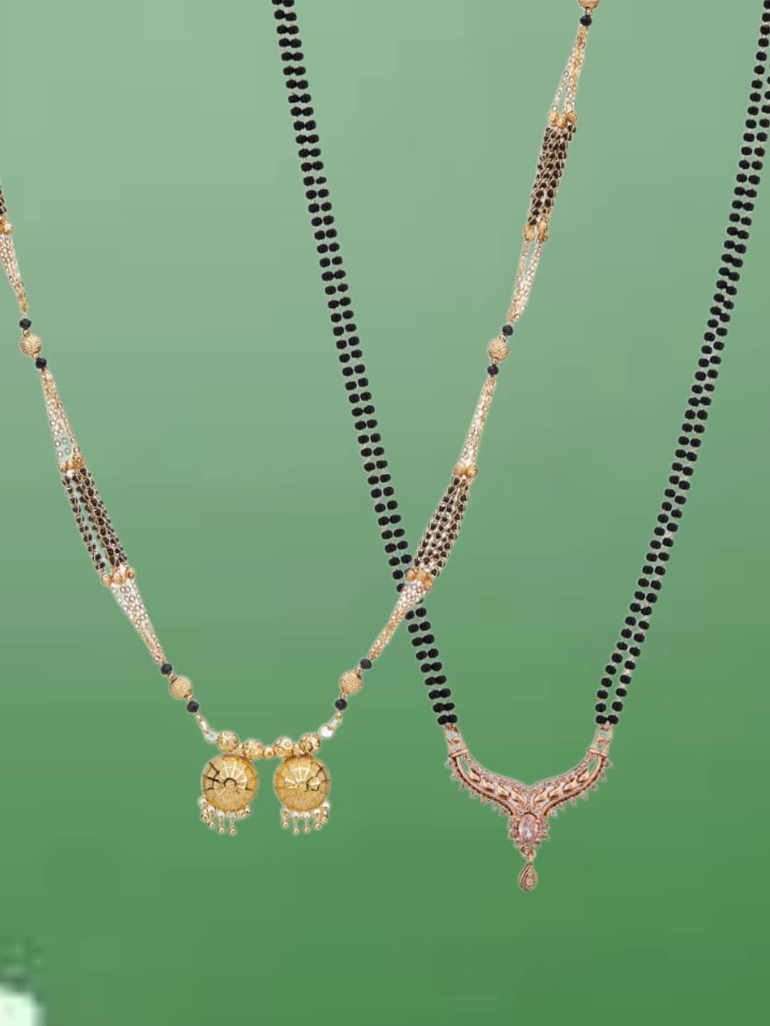 ATIBELLE Set of 2 Gold-Plated Cubic Zirconia Stones Studded and Beaded Mangalsutras