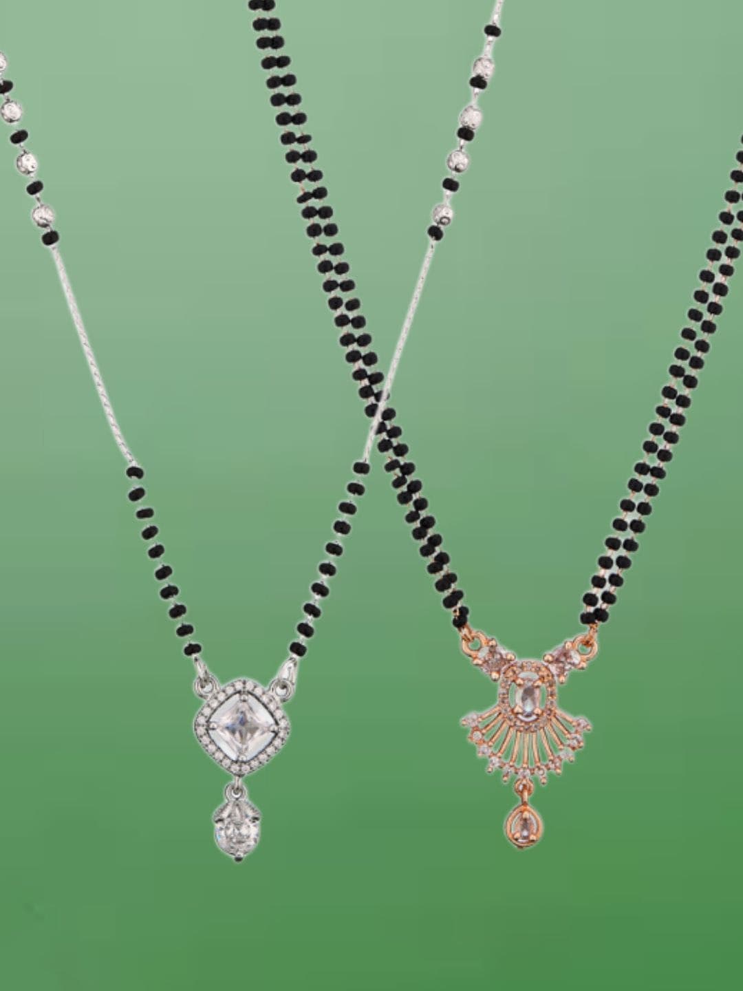 ATIBELLE Set of 2 Silver-Plated Cubic Zirconia Stones Studded and Beaded Mangalsutras