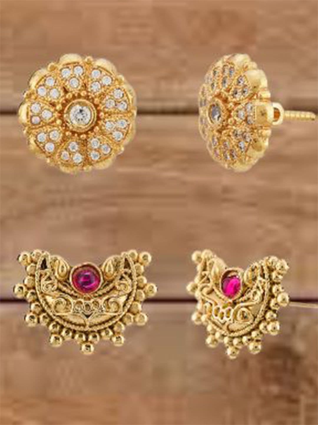 ATIBELLE Set Of 2 Gold-Plated Cubic Zirconia Studded Floral Shaped Studs