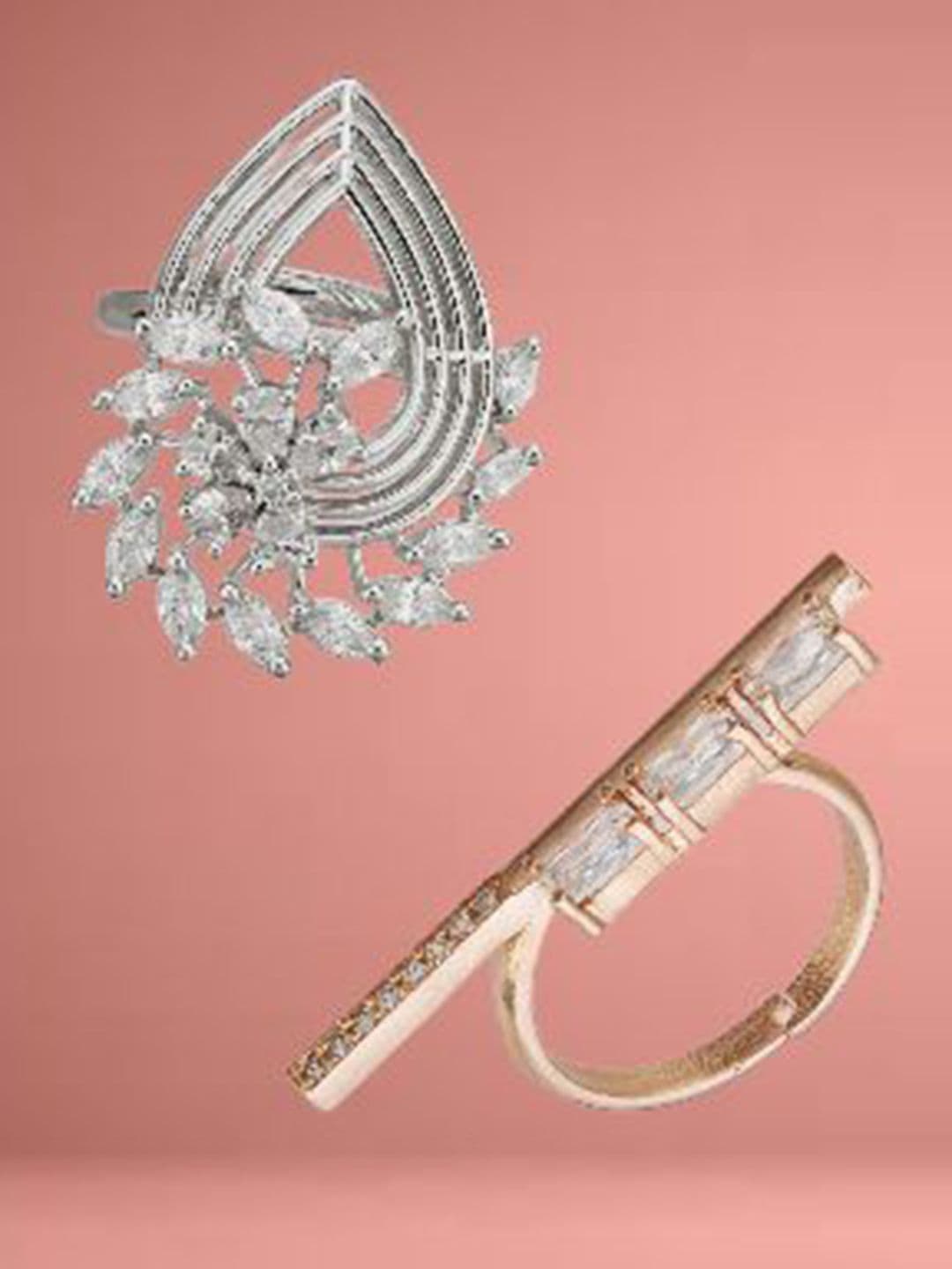 ATIBELLE Set Of 2 Silver-Plated & Rose Gold-Plated Cubic Zirconia Studded Adjustable Ring
