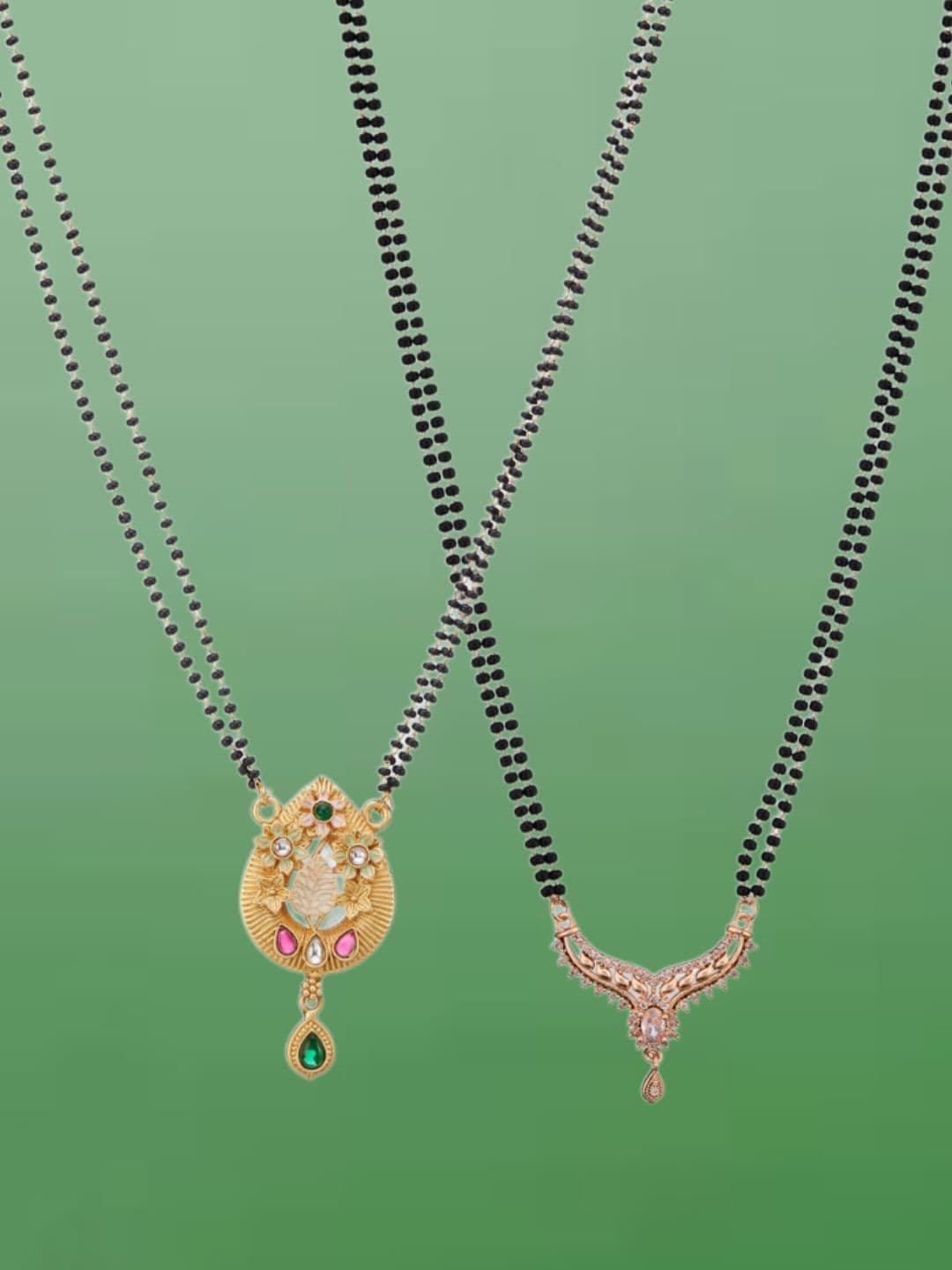 ATIBELLE Set of 2 Gold-Plated Cubic Zirconia Stones Studded and Beaded Mangalsutras