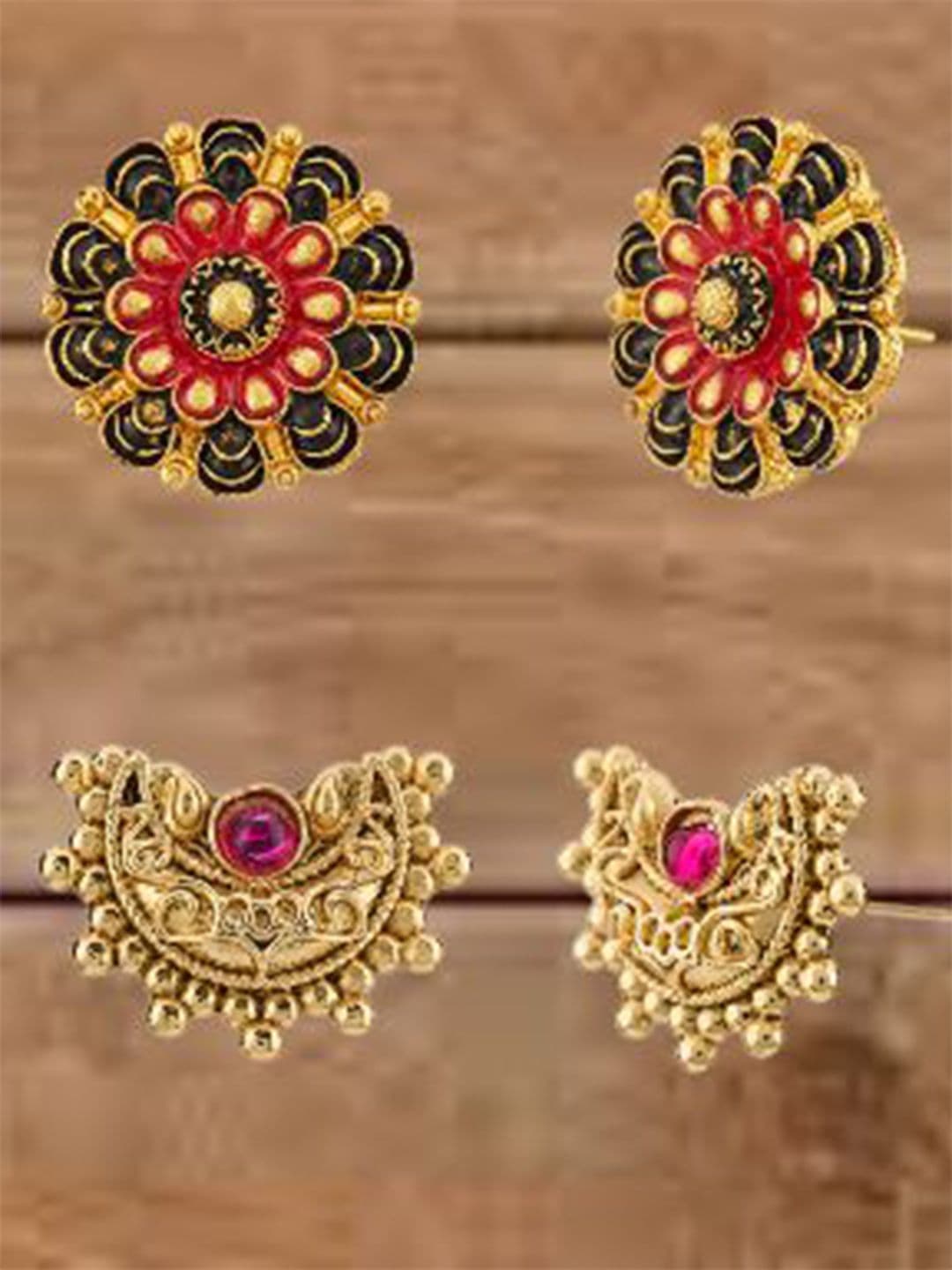 ATIBELLE Set Of 2 Gold-Plated Artificial Stones Studded Floral Shaped Studs - Image 1