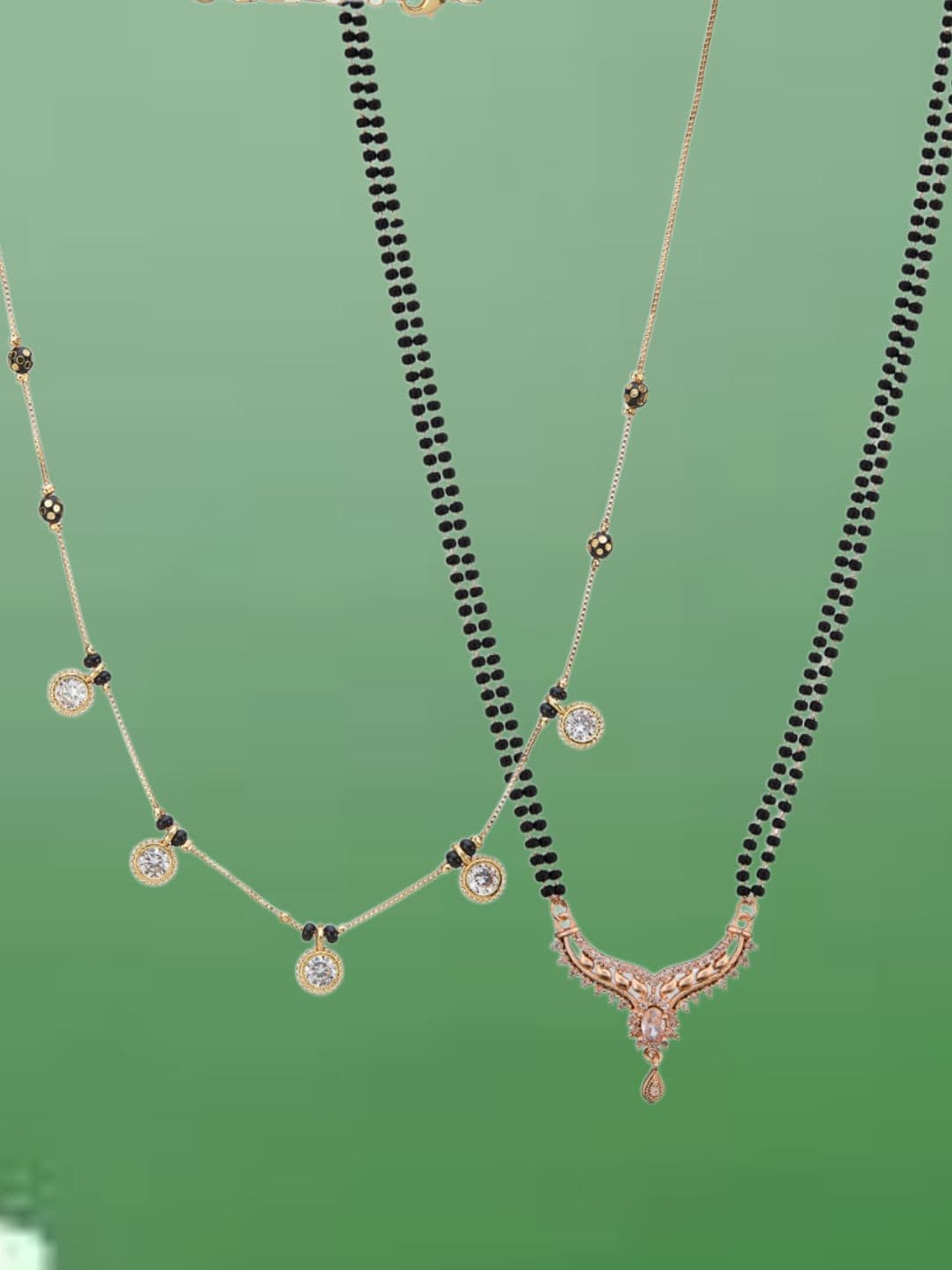 ATIBELLE Set of 2 Rose Gold-Plated Cubic Zirconia Stones Studded and Beaded Mangalsutras