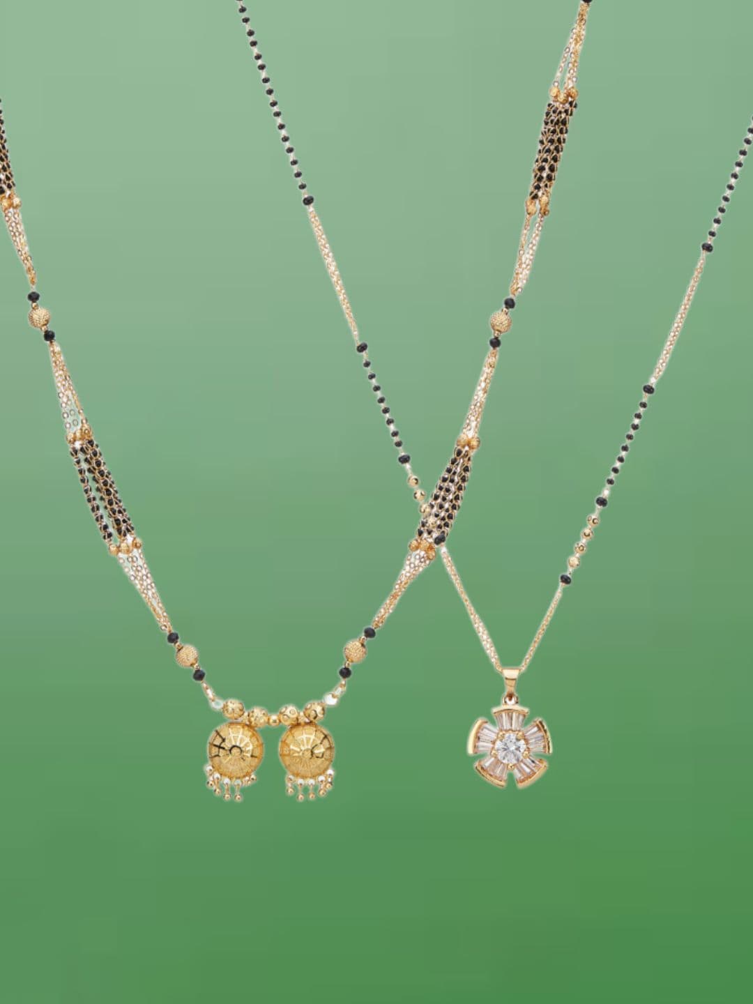 ATIBELLE Set of 2 Gold-Plated Cubic Zirconia Stones Studded and Beaded Mangalsutras