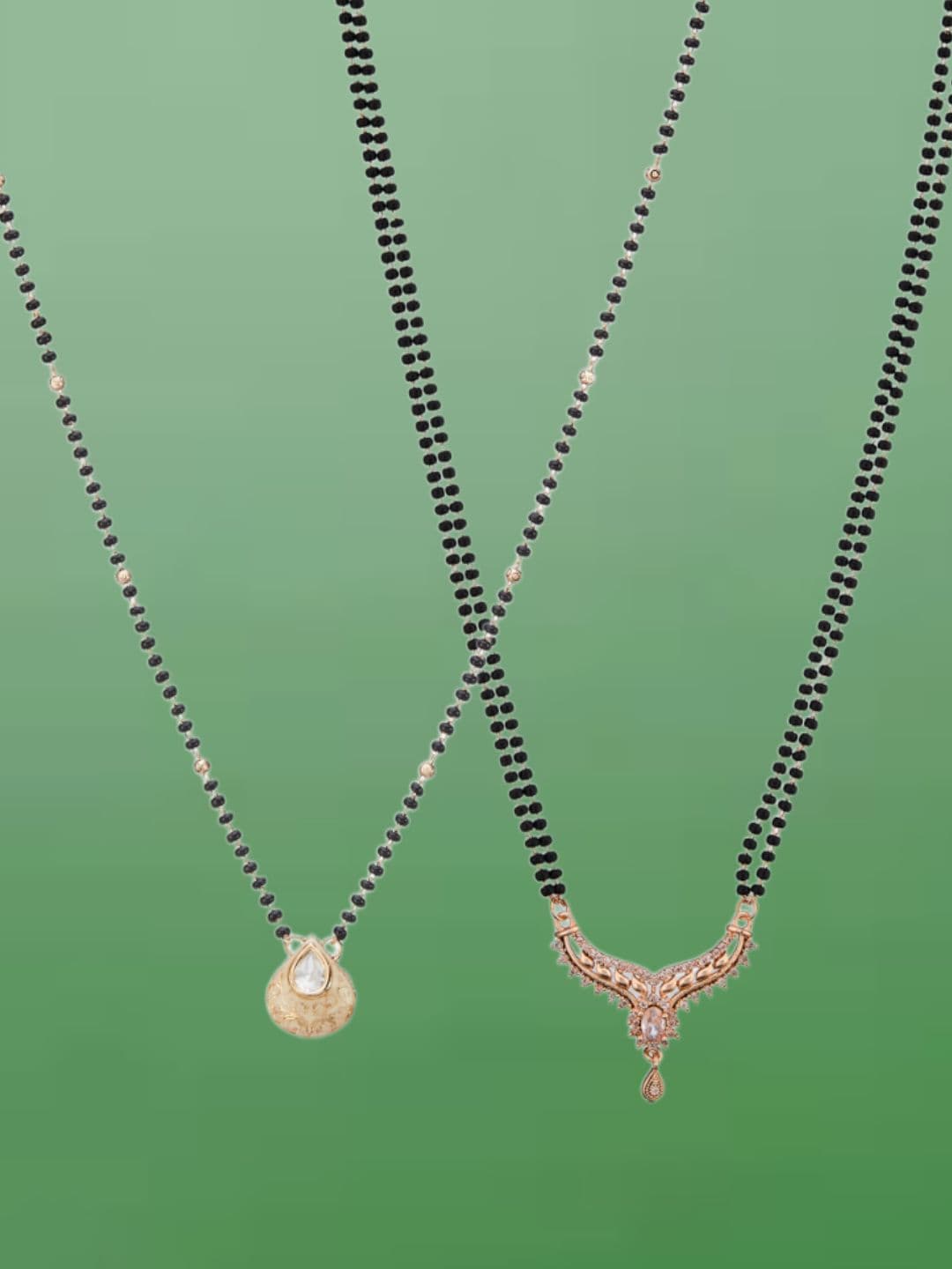 ATIBELLE Set of 2 Gold-Plated Cubic Zirconia Stones Studded and Beaded Mangalsutras