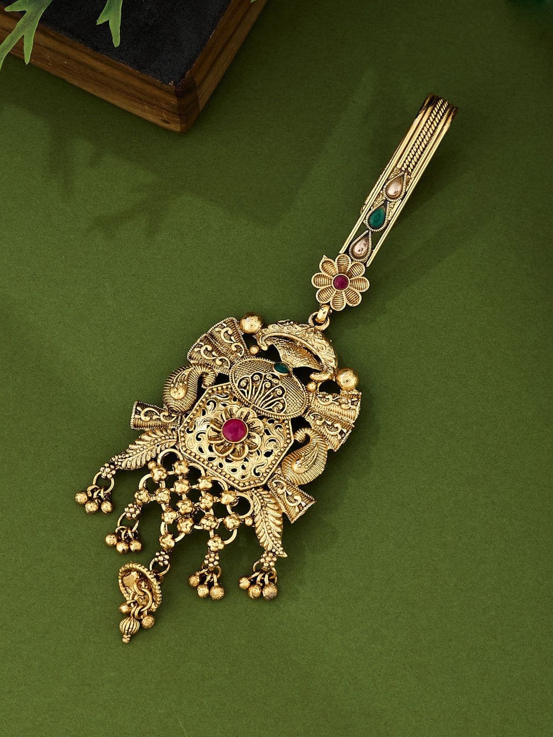 ATIBELLE Gold-Plated Artificial Stones Studded And Beaded Floral Shaped Bun Pin