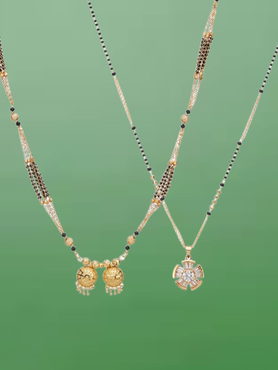 ATIBELLE Set of 2 Gold-Plated Cubic Zirconia Stones Studded and Beaded Mangalsutras