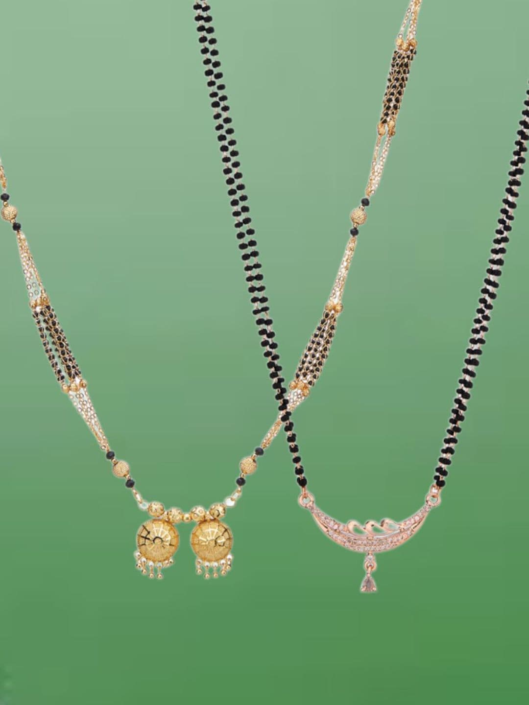 ATIBELLE Set of 2 Gold-Plated Cubic Zirconia Stones Studded and Beaded Mangalsutras